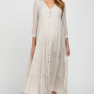 NWT - Pink Blush Ivory Button Front Tiered Maternity Maxi Dress.  Large